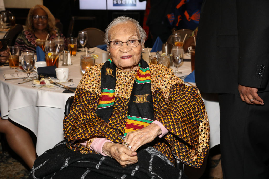 WASHINGTON, DC - FEBRUARY 28: Queen Mother and Founder of the VFF Foundation, Viola Ford Fletcher, age 108, attends the Oldest Living Tulsa Oklahoma Massacre Survivors Celebrated And Book Cover Revealing at The City Club of Washington on February 28, 2023 in Washington, DC. (Photo by Brian Stukes/Getty Images)